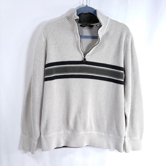 Eddie Bauer Quarter Zip Sweater Cream Striped Ribbed Knit Mens Large Pullover - Picture 2 of 9
